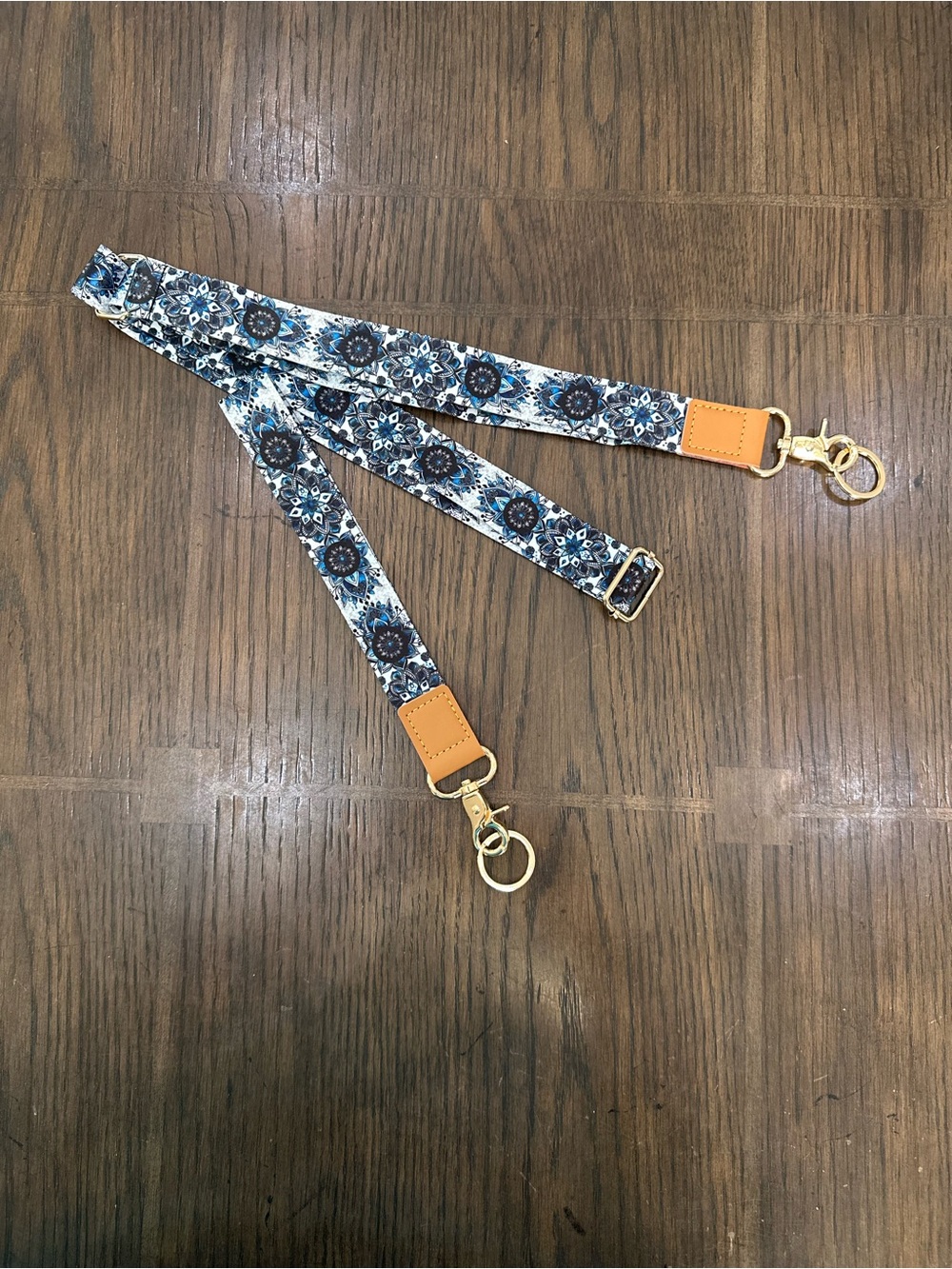 Blue Floral Lanyard and Key Chain with Adjustable Strap w/ Tan Leather Accents